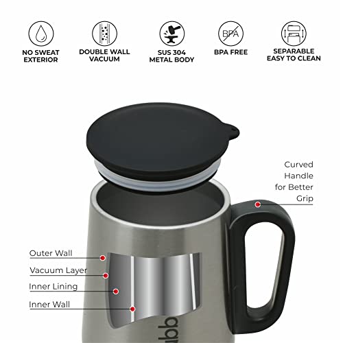 Image of DUBBLIN Rugby Stainless Steel Unbreakable Tea Coffee Mug Double Wall with Handle and Lid, Wide Mouth Mug Keeps Beverages Hot & Cold 270 ML Silver