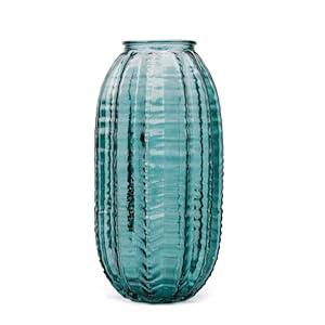 Unique Cylinder Shaped Green Glass Flower Vase-9.8 inch Tall,Simple Striped Design for Home Decor,Centerpieces, Wedding, Dining Table, Arrangement.