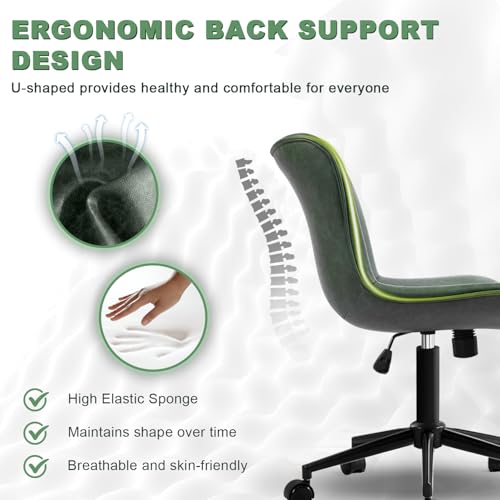 Image of Armless Office Chair, Height Adjustable Desk Chair with Wheels, Ergonomic Comfy 360 Swivel Home Office Computer Task Chair, Faux Leather Padded Cute Vanity Chair,Green
