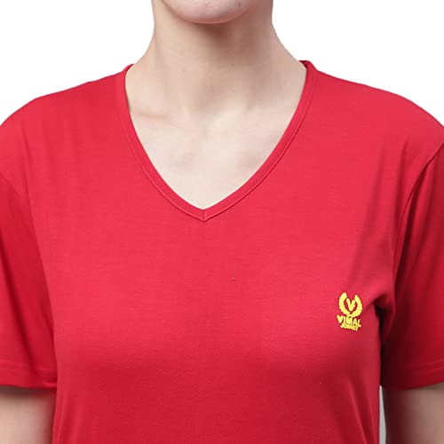 Image of Mack Jonney Women V Neck Cotton Solid Regular Fit T-Shirt-V Anthraa 001-P