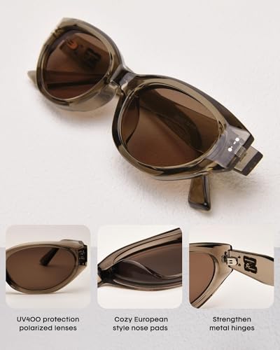 FURTALK Oval Cat Eye Sunglasses, Vintage 90s Style Frame, Polarized Lens, UV Protection (Brown) 6