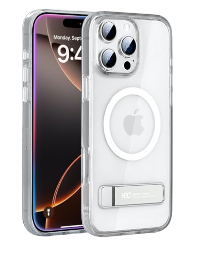 Image of BOUNCEBACK Polycarbonate Shockproof Transparent Hybrid Back Case /Cover with Kick Stand Support Magnetic Charging for iPhone 16 Pro Max - (Clear Silver)