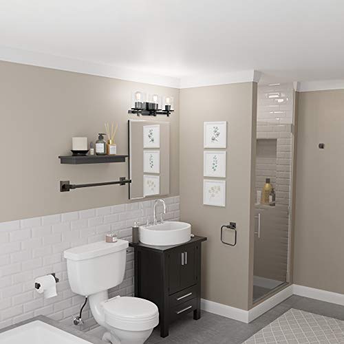 Image of Globe Electric 51634 Dakota 5-Piece All-in-One Bathroom Set 3 Vanity Light with Seeded Glass Shades, Bar, Toilet Paper Holder, Towel Ring, Robe Hook, Matte Black