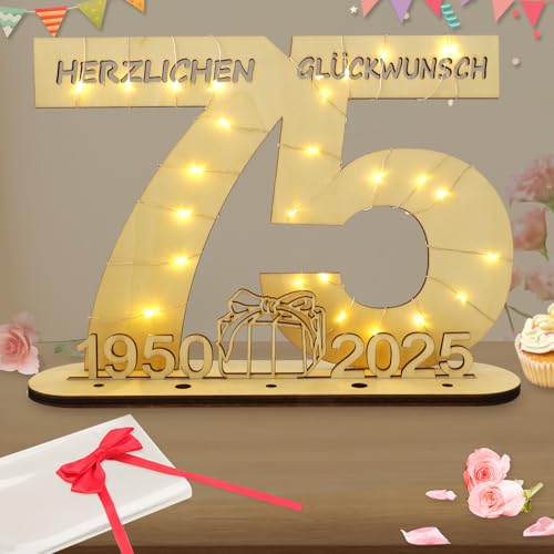 Seutgjie Deko 75 Geburtstag Frau Mann Geldgeschenke Geburtstag 75 Original Holz Schild Gästebuch mit LED Lichterkette für Männer Frauen Jubiläum Tischdeko 1950-2026
