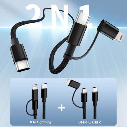 Image of USB C Cable 60W Max, 2 in 1 USB C to C /IP Cable, Fast Charging Type-C Charger, Travel Essentials iPhone 17 Charger Cord Compatible for iPhone17-8, Android, iPad and More, Carplay Cable(2Pcs 4FT Black)