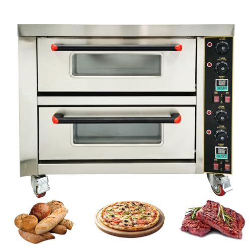TECHTONGDA Commercial Electric Pizza Oven 6.4KW Stainless Steel Movable Double-decker Pizza Oven Independent Temperature Control 20?-350? Single Phase 220V