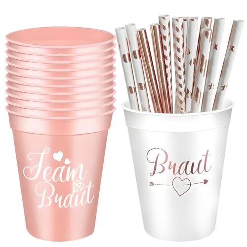 12 Stück Team Braut Becher JGA Becher mit 12 Strohhalme Wiederverwendbar Team Braut Bachelorette Party Cup Braut Team Tassen Set für Bridal Shower Verlobungsfeier Junggesellenabschied