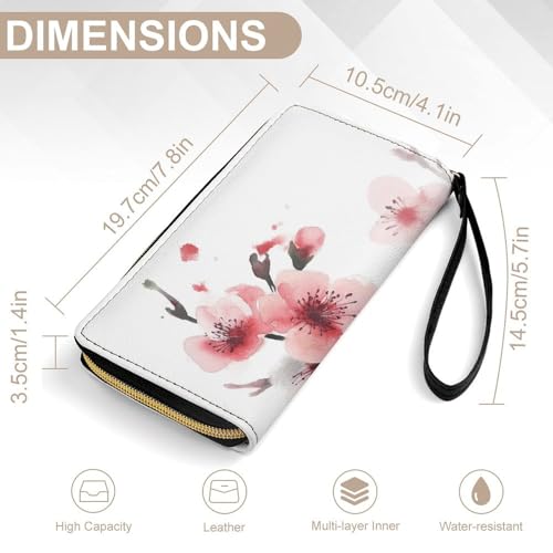 Watercolor Pink Cherry Florals Leather Wallet Smooth Zip Around Clutch Wristlet Travel Long Soft Purse for Women2