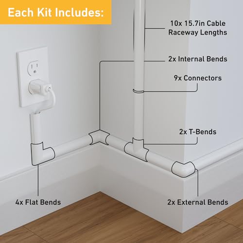 D-Line 157in Cord Cover Kit, Self-Adhesive Wire Hiders, Paintable Cable Raceway to Hide Wires on Wall, Electrical Cable Management - 10x 15.7 Lengths & 19 Accessories - 1.18" (W) x 0.59" (H) - White - Image 3