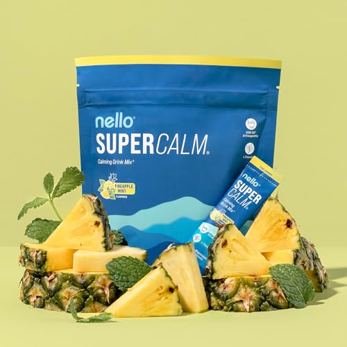 Image of Nello Supercalm Powdered Drink Mix, Cortisol Reducer* and Sleep Aid Supplement, L Theanine, Ksm-66 Ashwagandha, Magnesium Glycinate, Vitamin D 3, No Sugar, Non GMO, On The Go, 20 Ct, Pineapple Mint