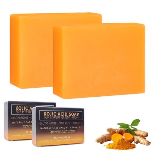 2 Piezas Jabón de Curcuma 100 g,Kojic Acid Soap de Cúrcuma,Jabón de Curcuma para Cara,Jabon Curcuma Facial,Jabon de Curcuma Natural,para Cara y Cuerpo,Humectante,Unificar el Tono Piel