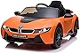 TOBBI Licensed BMW i8 Electric Car for Kids, 12V Children Ride On Toy with Remote Control, Kids’ Electric Vehicle with Soft Start Design/2 Speed/Radio & LED Lights/Double Opening Doors-Orange