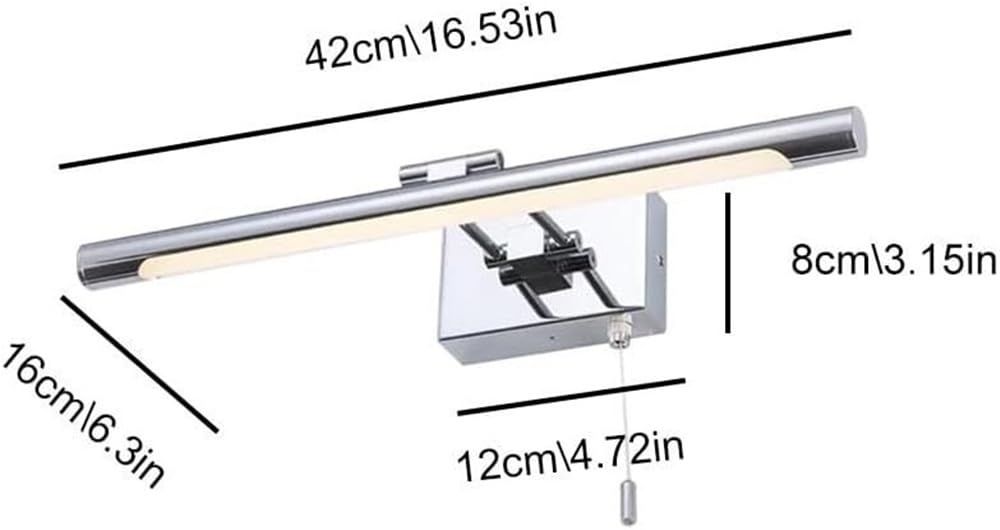 Aplique Espejo Baño Barra de luz de tocador cromada moderna, lámpara LED lineal for espejo de baño, luces delanteras de espejo de ángulo ajustable con interruptor de cadena de tracción(3000K,35cm)