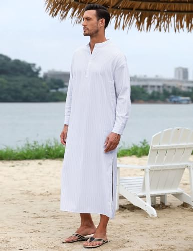 TURETRENDY Men's Long Sleeve Kaftan Thobe Button Down Henley Robe Casual Side Split Gown Shirt with Pocket2