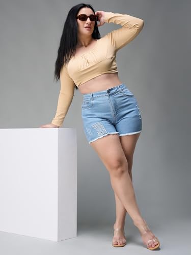 Image of Miss Chase A+ Women's Regular High Rise Mild Distress Regular Denim Skorts