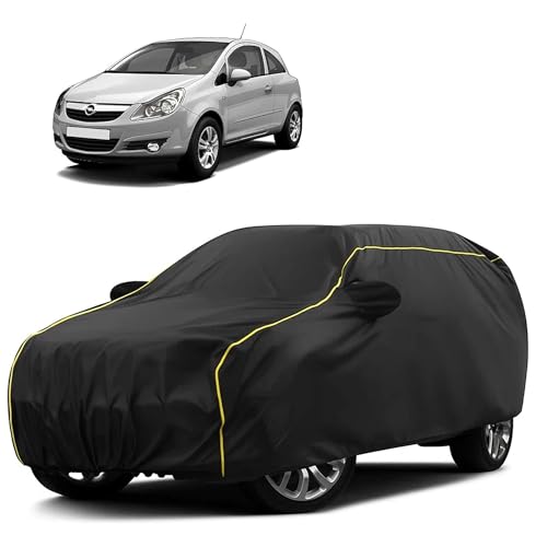 Image of Sulfar 100% Water Resistant Car Body Cover Compatible with Mirror for Opel Corsa (Triple Stitched, Full Bottom Elastic, Black Taffeta with Yellow Piping)