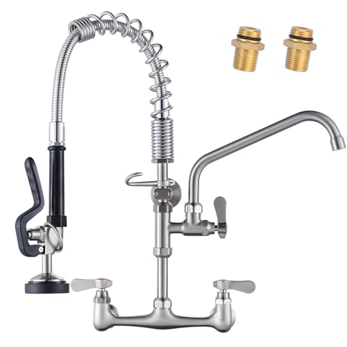 Image of 21 inch Height Commercial Faucet Wall Mount with Sprayer 10 inch Swing Spout 8 inch Adjustable Center, Kitchen Sink Faucets with Pull Down Pre-Rinse Sprayer for Restaurant Industrial Kitchen, Brushed Nickel