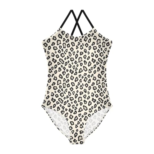 senya Girls Swimsuits One-Piece Swimwear Tie Bathing Suit Beach Summer Round Neck 9-10T Leopard Print Like Pattern on Beige