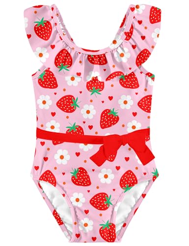 Kimoda Swimsuit for Girl 3T 4T Girls One Piece Ruffle Bathing Suit Cute Red Strawberry Swimsuit Quick Dry Swimwear for Beach