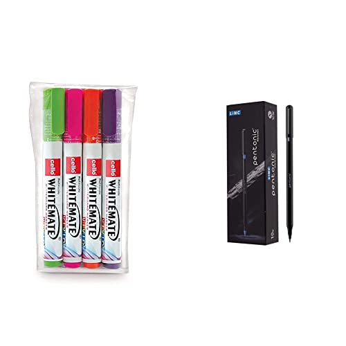 Image of Cello Whitemate Vivid Whiteboard Marker (4 Vivid Ink Colors - Orange, Magenta, Violet, Lime) | Stati & Pentonic Ball Pen (0.7 Mm, Black Body, Black Ink, Pack Of 10)