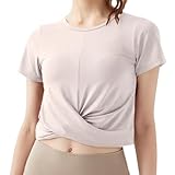 [Yomoment] ヨガウェア レディース 裾ねじり ラウンドネック カップなし 速乾吸汗 ピラティス ウェア ストレッチ スポーツtシャツ クロップド無地半袖シャツ ジム ピンク:L