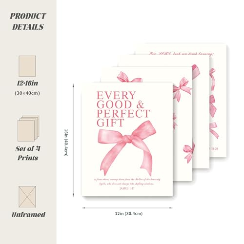 Image of LARTSFRO Coquette Pink Bow Christian Wall Art Decor Posters, Pink Bow Room Bedroom Bathroom Dorm Wall Art Decor Aesthetic for College Teen Girls Gifts, Inspirational Bible Verses Bow Wall Decor, 12x16 Inch Set of 4 Pcs Bow Pictures (UNFRAMED)