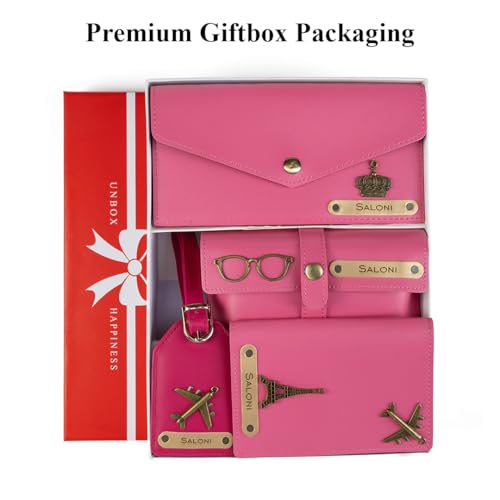 Image of AICA Personalized Name & Charm Passport Cover Holder Combo Giftset for Women (Dark Pink) | Customized Gifts Birthday Anniversary Wedding Marriage for Woman Women Girl Wife