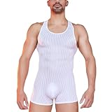 MANJIAMEI Herren Wrestling Singlet, Ärmellos Netzstoff Jumpsuit Gestreift Durchsichtig Body Enganliegend Einteiler mit Shorts Muskelunterwäsche für Festival Rave Club Nachtwäsche Weiß