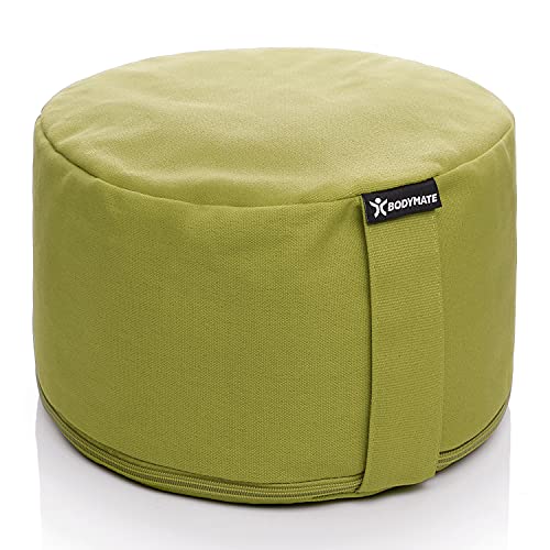 BODYMATE Cojín de Yoga Redondo extraalto | 31 cm diámetro 20 cm Alto | Relleno de cáscaras de Trigo sarraceno | Funda extragruesa y Lavable en Lavadora de algodón 100% | Cojín de meditación