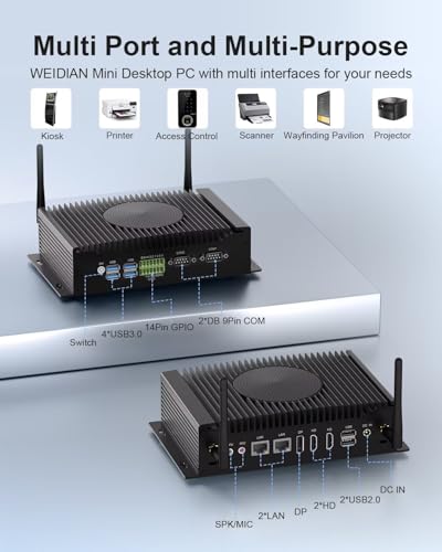 Image of WEIDIAN Industrial Mini PC Win 11 Pro Core i7 10510U 64GB RAM 1TB SSD, (Fan Cooling) Industrial Mini Desktop Computer GPIO, 4K 2HD+DP, 2LAN, 2COM RS232 /422 /485, 6USB WiFi6&BT5.2 Auto Power On