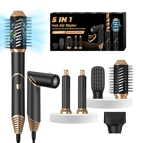 UKLISS 5 en 1 Cepillo de Aire Airstyler Moldeador Pelo Secador de Pelo Ionico 5 en 1 Cepillo Hairstyler Alisador Pelo Rizador Pelo Ondas Caja Regalo Mujer Kit, Negro/Oro