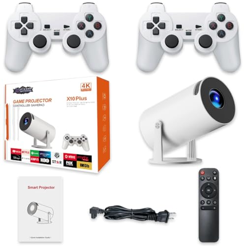 X10 Plus Retro Game Console with Projector,4K HD Portable Projector with 10000+ Games,Plug and Play TV Video Game Stick,Android TV 11.0 Smart Projector with 2.4g Wireless Controllers