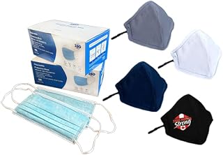 Disposable Face Masks 100 Pack with 4 Cotton Masks, 3 Ply Blue Masks, Multi-Color Reusable Cloth Masks