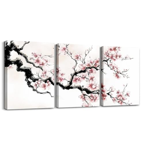 Homemissing Style japonais Tableau Decoration Murale 30x40cm 3 Pièces Sakura Print Impression sur Toile gouache Poster Images enfants filles femmes chambre à...