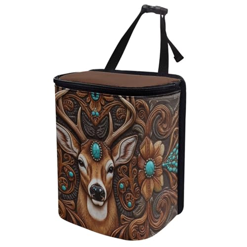 Image of Talayituse Vintage Brown Elk Print Car Trash Bin, Large Size Auto Trash Can Adjustable Portable Garbage Can with Lid, Vehicle Hanging Bag for Headrest Front Back Seat