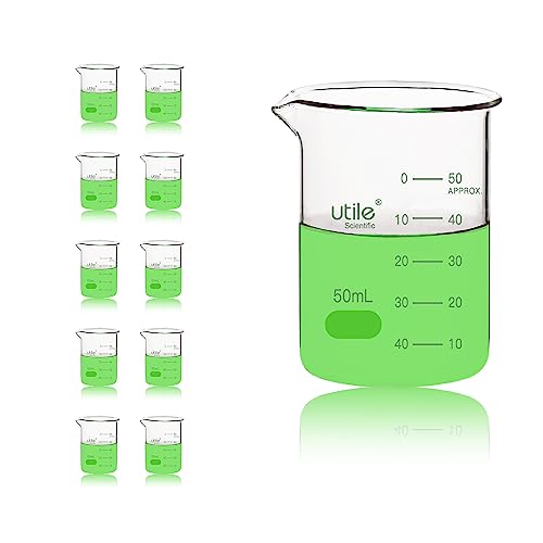 Utile 50ml Beaker Shot Glasses, Low Form Glass Beaker Set, 10pcs of 1.7oz(50ml) Borosilicate 3.3 Glass Chemical Beakers with Double Scale Printed Graduation, 4000.0050.10