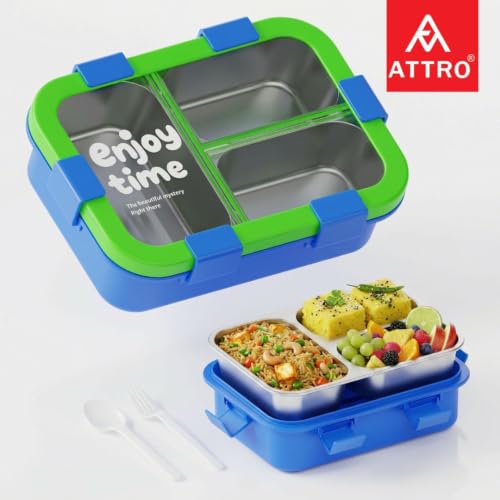 Image of ATTRO JoyBox Steel Lunch Box, 3 Compartment, Stainless Steel Inner Tray, Leakproof Airtight Lid, 4-Side Locks, BPA-Free Food Grade Lunch Box for Kids, School & Office - Green Blue-750ml