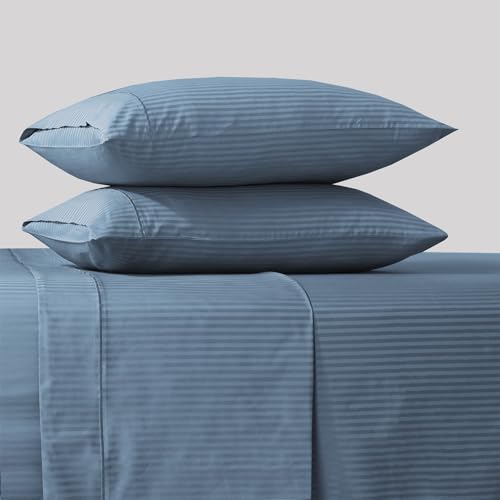 Image of Feather & Stitch 500 TC Split King Size Damask Bed Sheet Set, 100% Cotton Soft Breathable Bedsheets, 5 Piece 18 inch Deep Pockets Sateen Weave Striped Bedding Mattress Resort Hotel Luxury - (Blue Stripe)