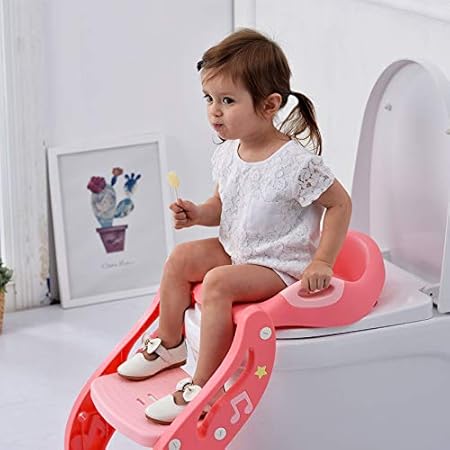 IRIS Potty Training Seat for Potty Training Step Trainer Ladder Toilet Training Potty Seat in Non-Slip Steps Soft Cushion Pad for Baby Boys and Girls (Pink)