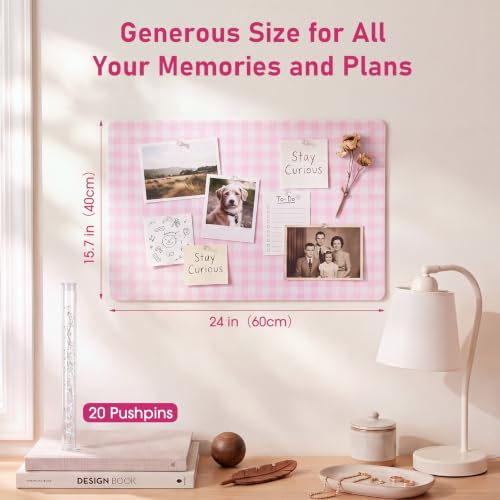 CrystalSylara Felt Bulletin Board, 24" x 15.7" Decorative Felt Pin Board, Foldable Photo Display with Pushpins, Wall Vision Cork Boards Alternative for Home Bedroom Office Dorm (Pink Plaid) - Image 4