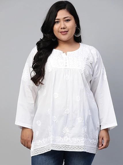 Ada Indian Hand Embroidered Chikankari Cotton Short Kurti Top Tunic for Women A208704 - Image 3