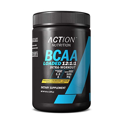 BCAA Loaded 12:1:1 EAA BCAA Amino Acid Muscle Recovery and Hydration Supplement Powder Drink Mix with 5g Leucine + 500mg Coconut Water Powder, Pineapple Strawberry Cooler - 30 Servings