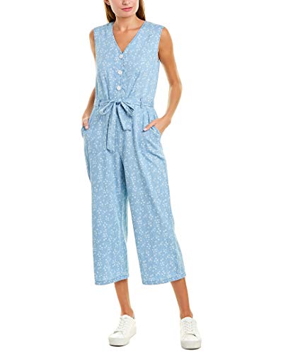Vince Camuto Sleeveless White Floral Denim Belted Jumpsuit Indigo SM (US 4-6)