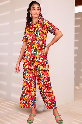 Image of POPWINGS Casual Floral Printed Monochrome Crop Shirt and Trouser Co-Ords Set for Women | Top and Bottom Set for Women |Printed Shirt and Trousers Set | Women Collar Shirt and Trousers Set Summer Wear