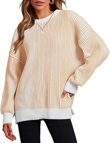Zeagoo Women 2025 Fall Lightweight Oversized Sweater Crew Neck Long Sleeve Color Block Pullover Rib Knit Blouse Tops XS-2XL