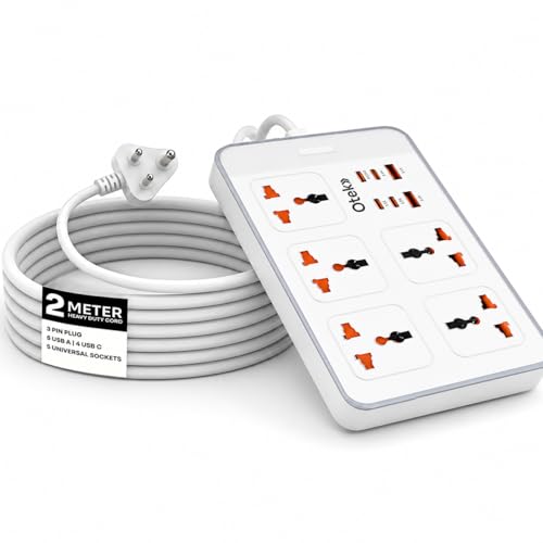 Image of OTEK Extension Board with 5 Universal Sockets 6 USB Ports 4 Type C and 2 Type A Ports 2 Meter Cord 2500W 10A Surge Protector Fire Resistant ABS Body Multiplug Socket with Safety Shutter White