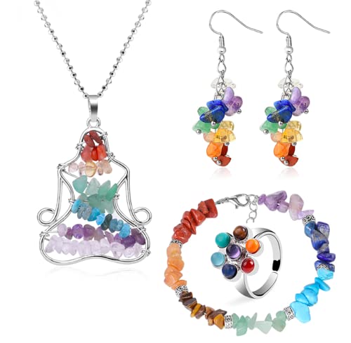 Juego de joyas de 7 chakras en piedras semipreciosas naturales con pendientes y collar