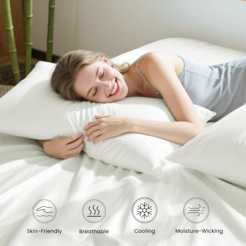 Image of Love's cabin 4 Piece Queen Sheet Set, 100% Rayon Derived from Bamboo, Cooling & Breathable, Soft Silky Deep Pocket up to 16 inch, Hotel Luxury Bedding for Hot Sleepers, White