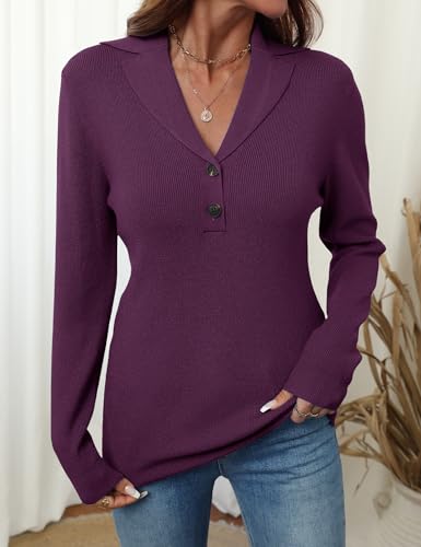 Image of LOMON Sweaters for Women 2025 Fall Knitted V-Neck Collared Button Pullover Dressy Casual Long Sleeve Polo Shirts Business