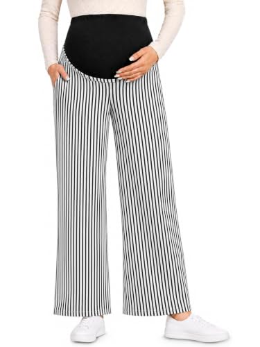 Yousify Women's Maternity Wide Leg Striped Pants – Comfortable Pregnancy Trousers